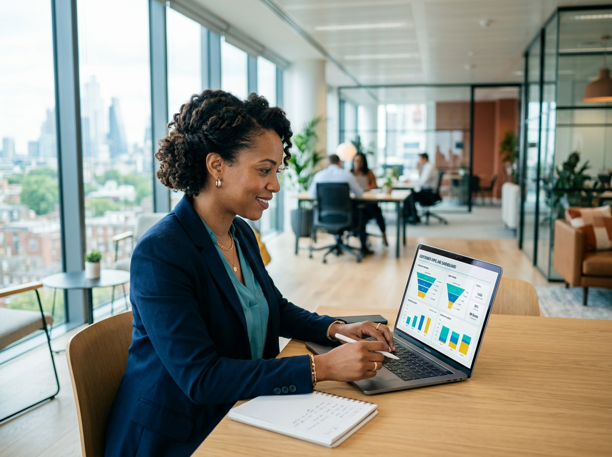 Business owner reviewing a customer pipeline on a laptop