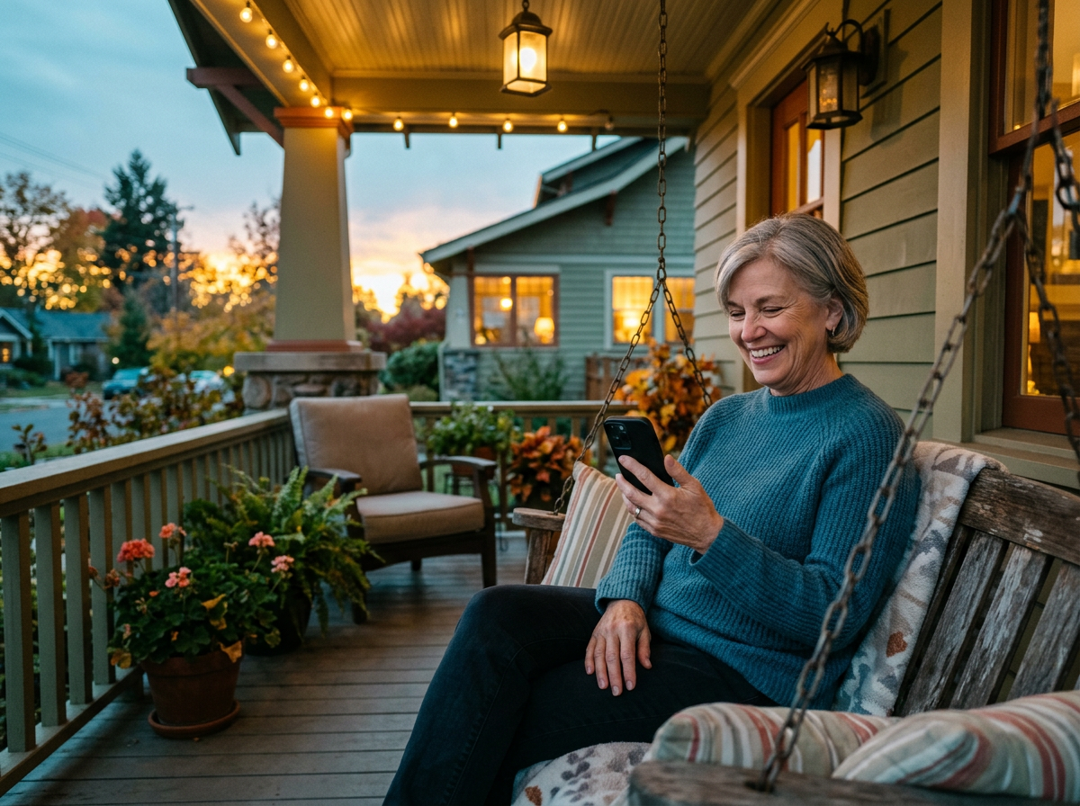 Homeowner reading a follow-up text message on her phone