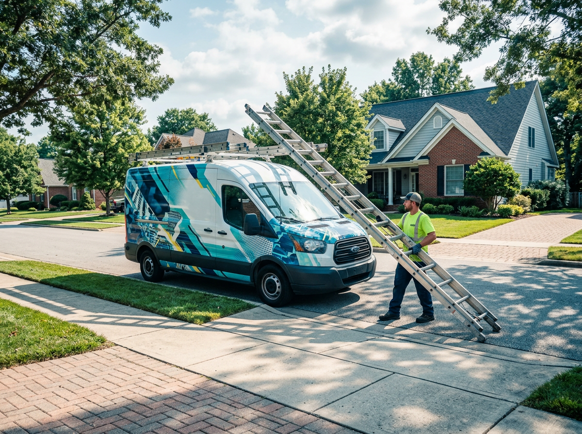 Branded contractor van parked in a sunny neighborhood