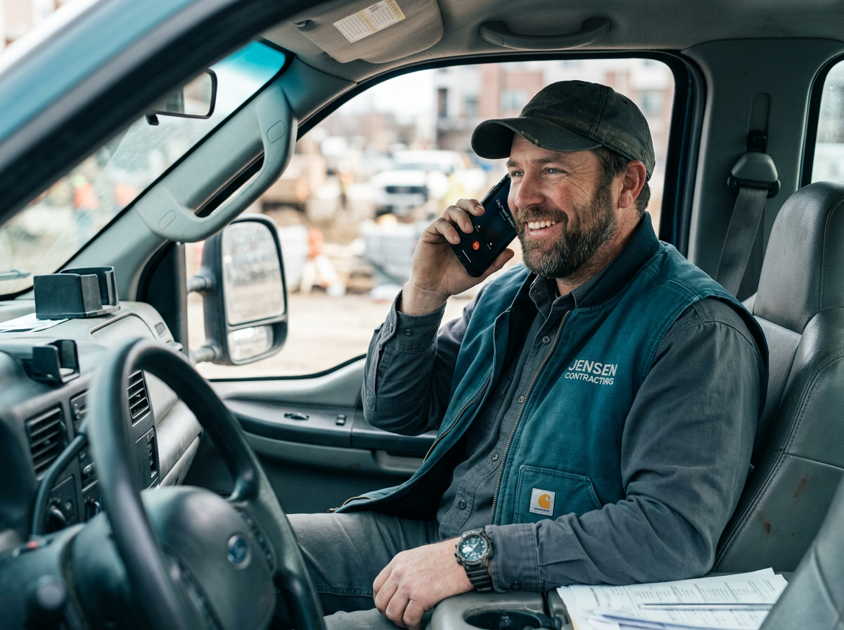 Contractor answering a customer call from his work truck